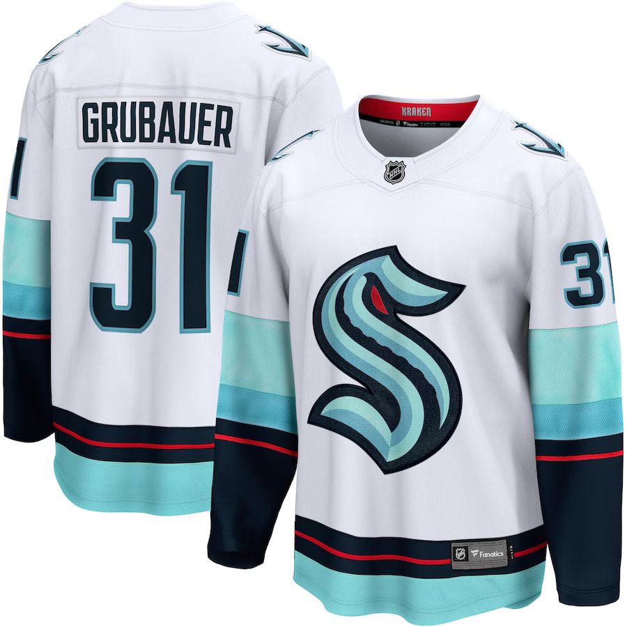 Men Seattle Kraken #31 Philipp Grubauer Fanatics Branded White Away Premier Breakaway Player NHL Jersey